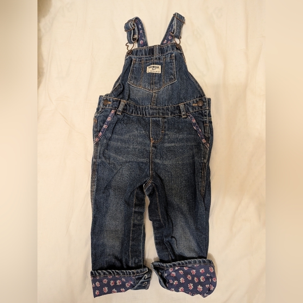 OshKosh Vintage Baby Denim Overalls With Floral Trim Size 24 Months.